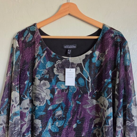 Susan Graver Occasions Foil Printed Knit Tie-Sleeve Blouse Top Plum/Teal 3X NWOT - Picture 3 of 11